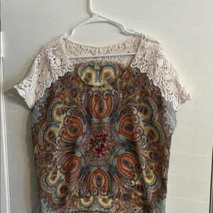 ONE WORLD Orange Green Graphic Embellished Blouse